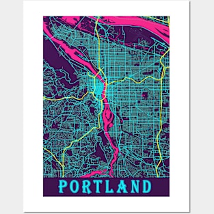 Portland Neon City Map, Portland Minimalist City Map Art Print Posters and Art